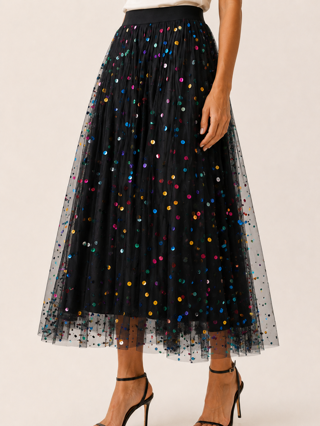 Jessamine | Sequin Tulle Midi Skirt with Elastic Waist