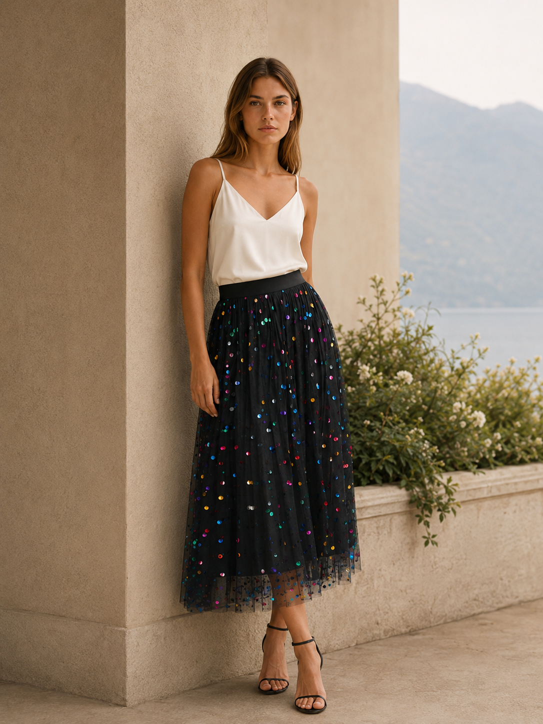 Jessamine | Sequin Tulle Midi Skirt with Elastic Waist