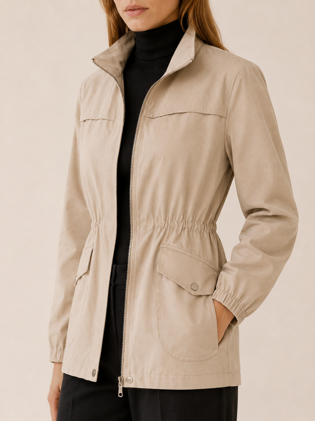 Jessamine | Waterproof Jacket with Stand Collar and Drawstring Waist