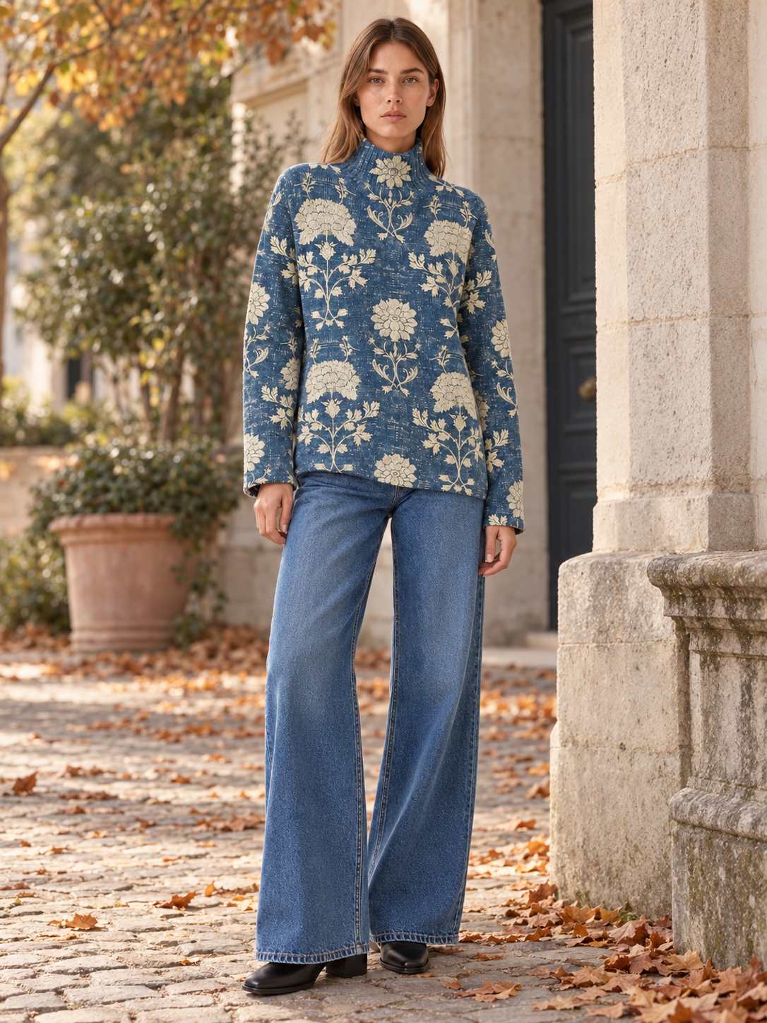 Julianna | Women's Floral Knit Mock Neck Sweater Fall
