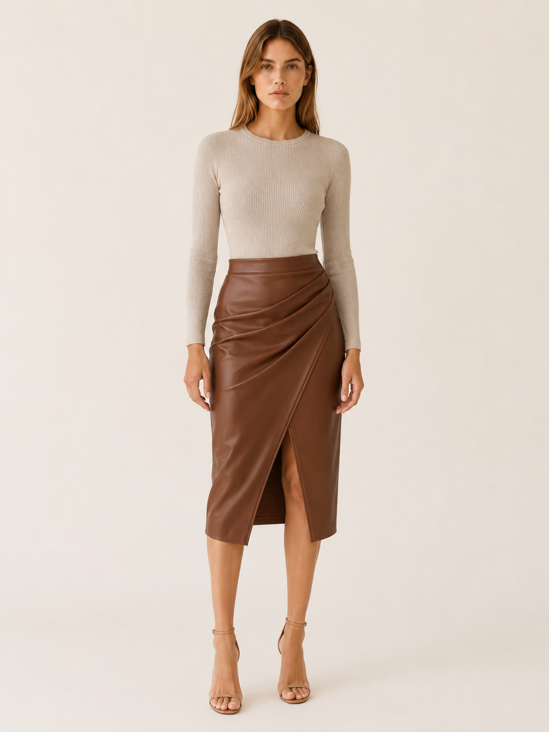 Kaelis | Faux Leather Midi Skirt with Wrap Front