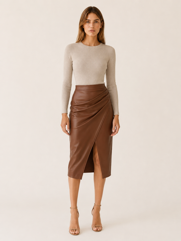 Kaelis | Faux Leather Midi Skirt with Wrap Front