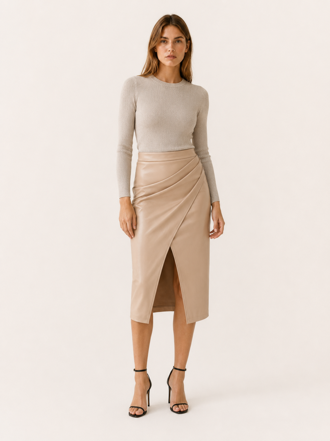 Kaelis | Faux Leather Midi Skirt with Wrap Front