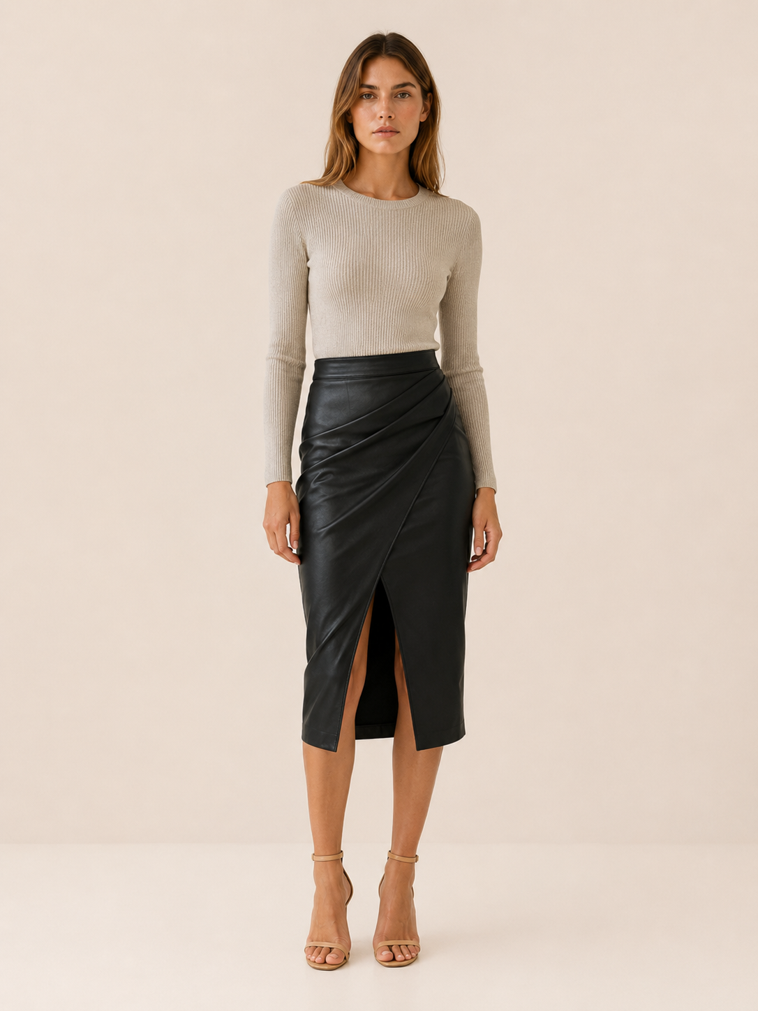 Kaelis | Faux Leather Midi Skirt with Wrap Front