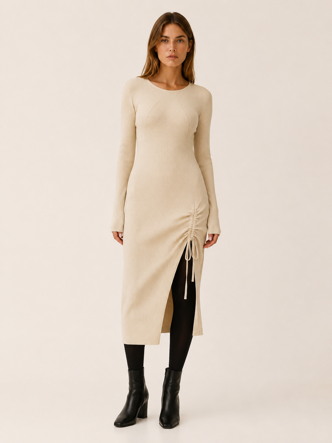 Kaitlyn | Women's Ruched Midi Dress with Drawstring Side Slit