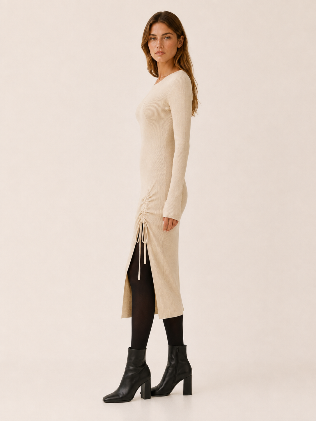 Kaitlyn | Women's Ruched Midi Dress with Drawstring Side Slit