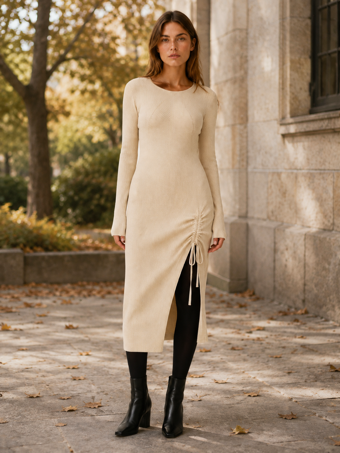 Kaitlyn | Women's Ruched Midi Dress with Drawstring Side Slit