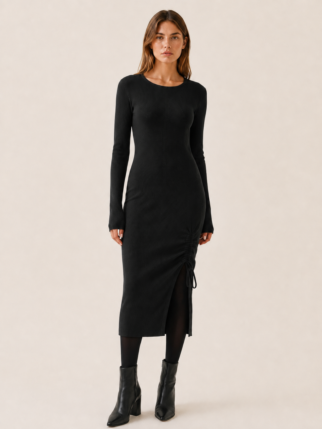 Kaitlyn | Women's Ruched Midi Dress with Drawstring Side Slit