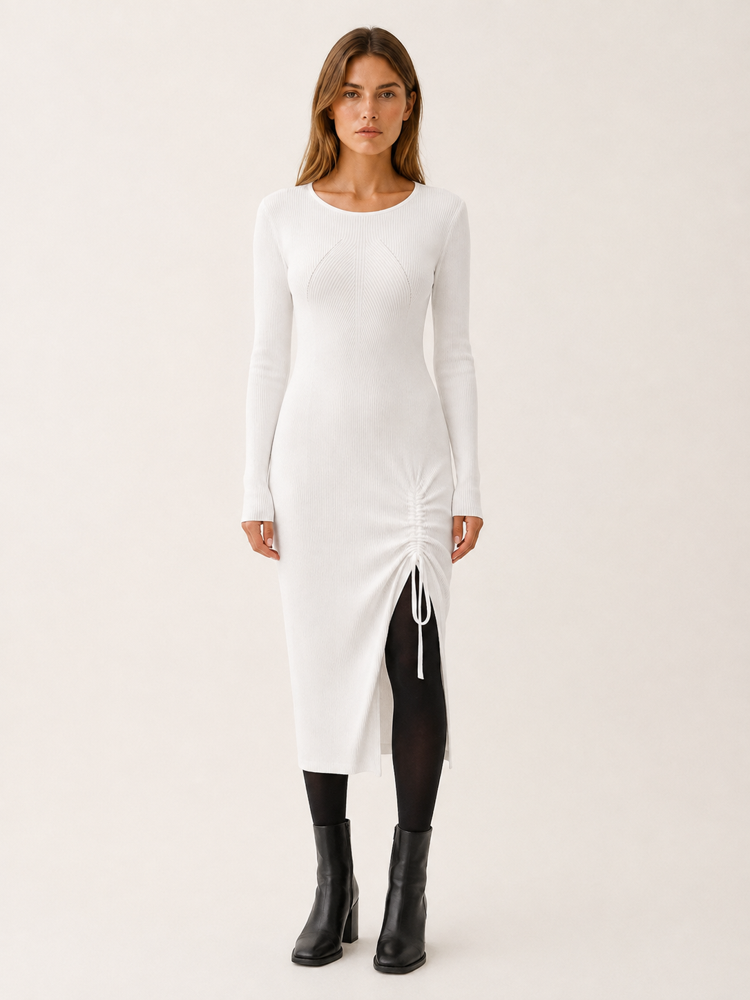 Kaitlyn | Women's Ruched Midi Dress with Drawstring Side Slit