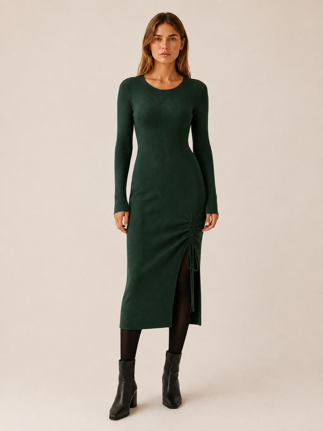 Kaitlyn | Women's Ruched Midi Dress with Drawstring Side Slit