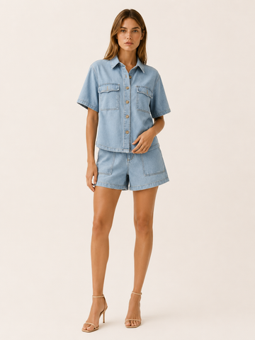 Keira | Denim Shorts Set with Button-Down Shirt