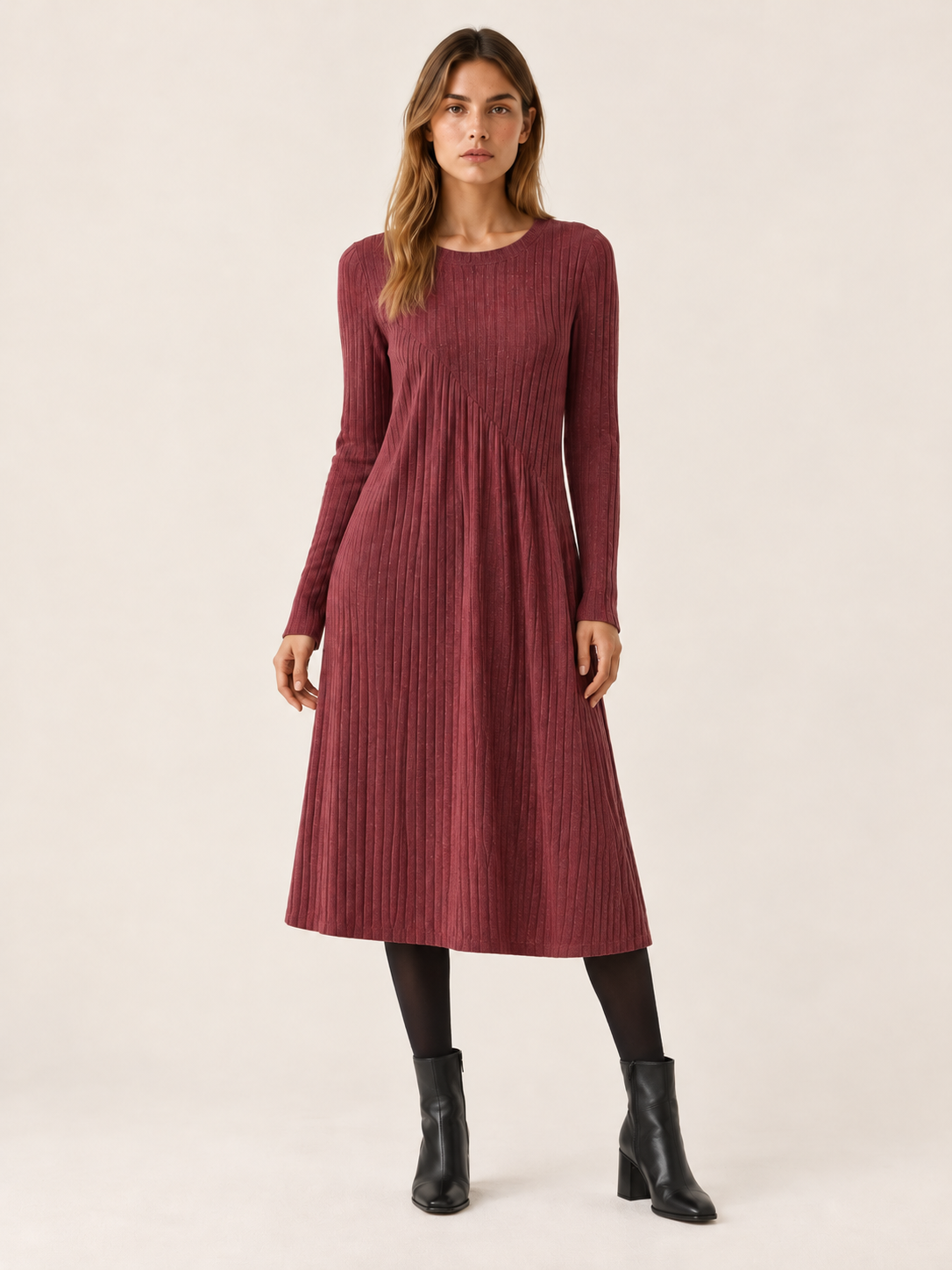Lindy | Women's A-Line Ribbed Knit Midi Dress Fall Work