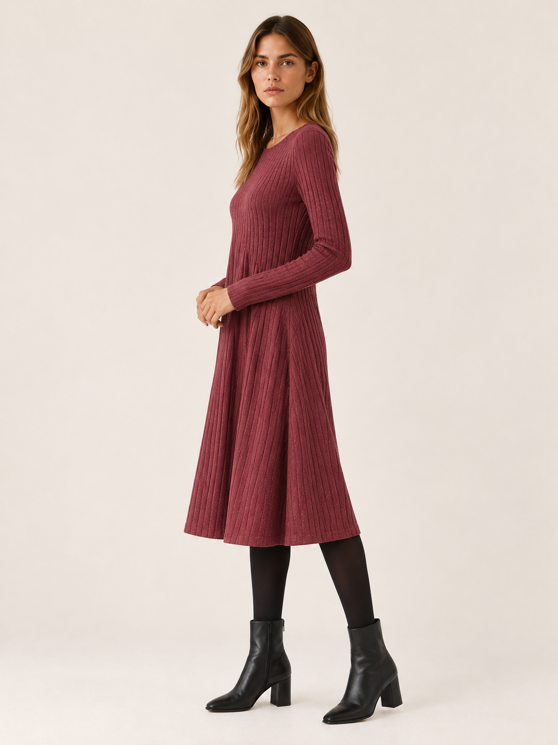 Lindy | Women's A-Line Ribbed Knit Midi Dress Fall Work