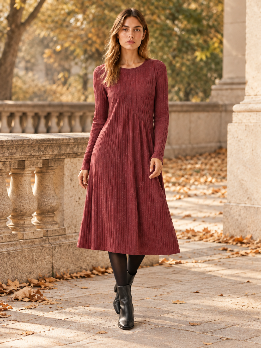 Lindy | Women's A-Line Ribbed Knit Midi Dress Fall Work