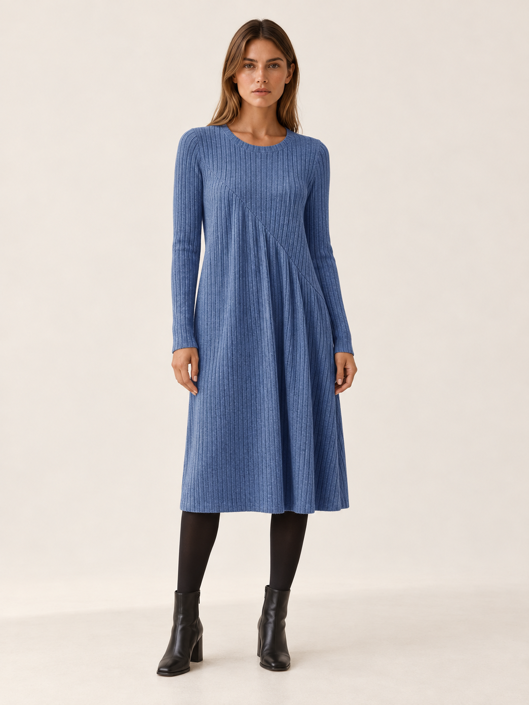 Lindy | Women's A-Line Ribbed Knit Midi Dress Fall Work