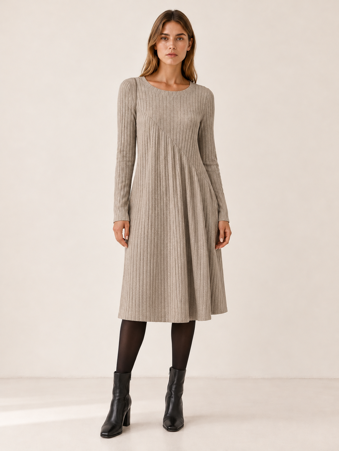 Lindy | Women's A-Line Ribbed Knit Midi Dress Fall Work