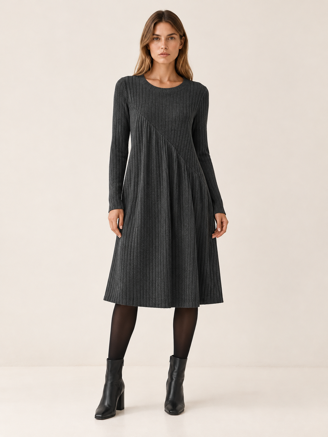 Lindy | Women's A-Line Ribbed Knit Midi Dress Fall Work