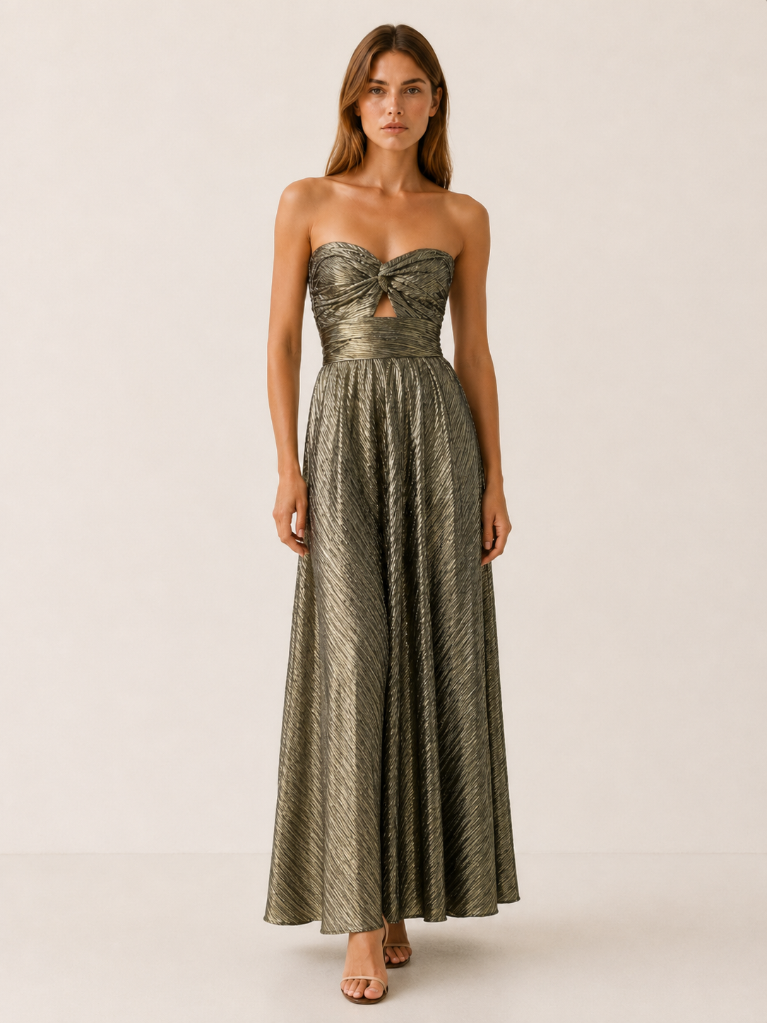 Linnea | Metallic Maxi Dress with Strapless Pleated Design