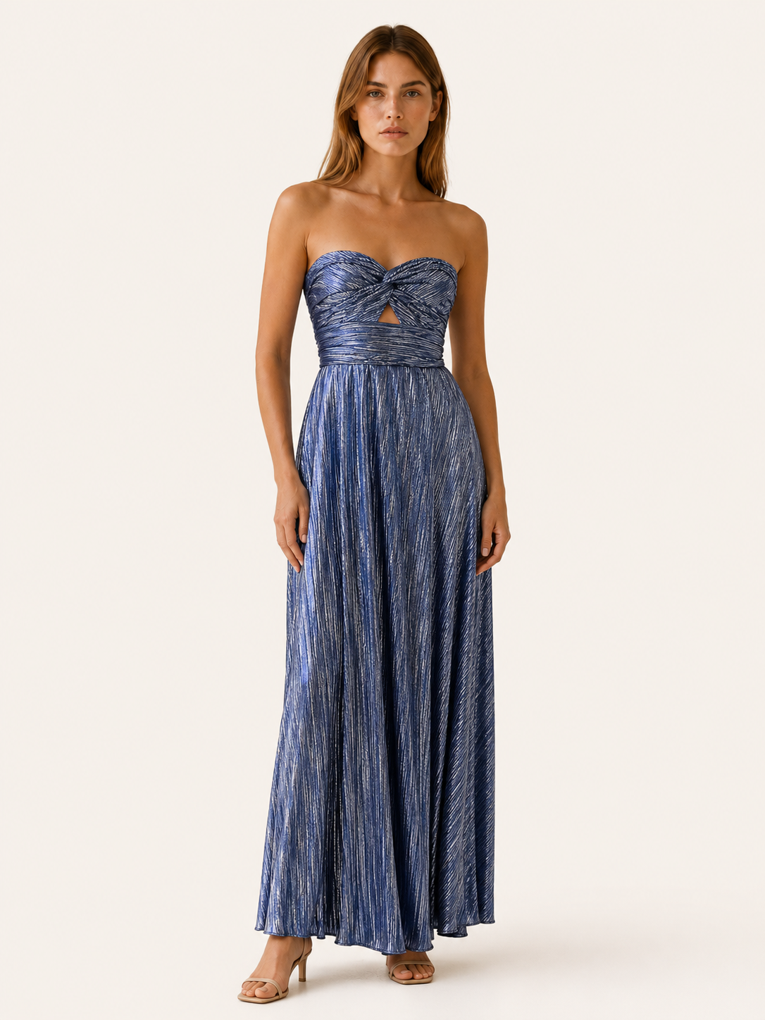 Linnea | Metallic Maxi Dress with Strapless Pleated Design