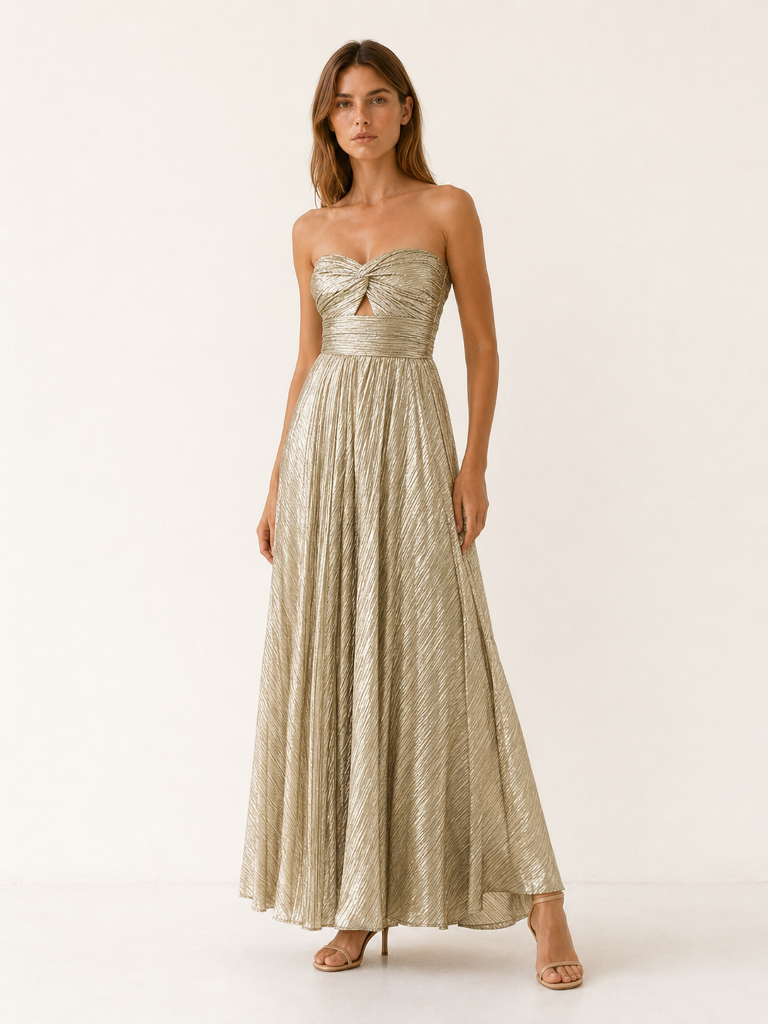 Linnea | Metallic Maxi Dress with Strapless Pleated Design