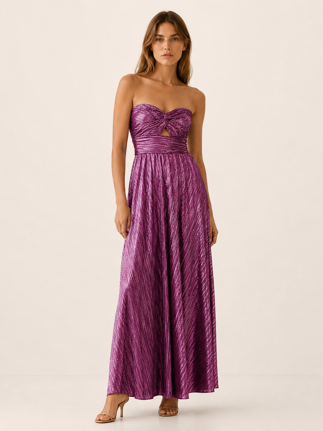 Linnea | Metallic Maxi Dress with Strapless Pleated Design