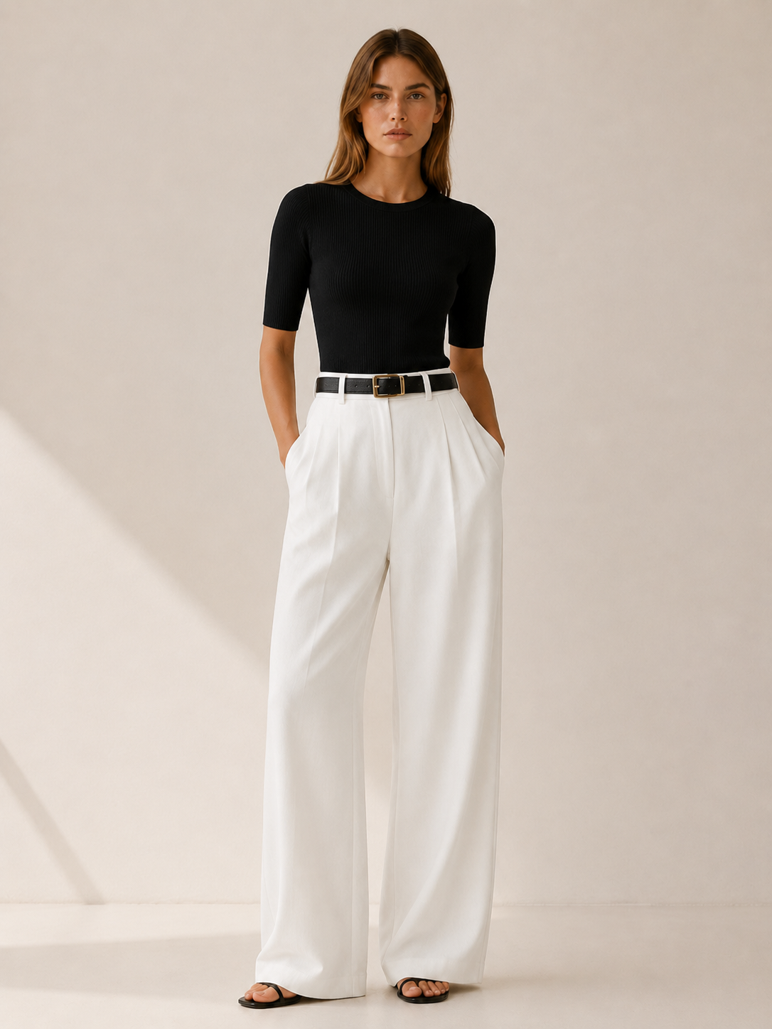 Livana | Wide Leg Trousers with High Waist Pleated Detail