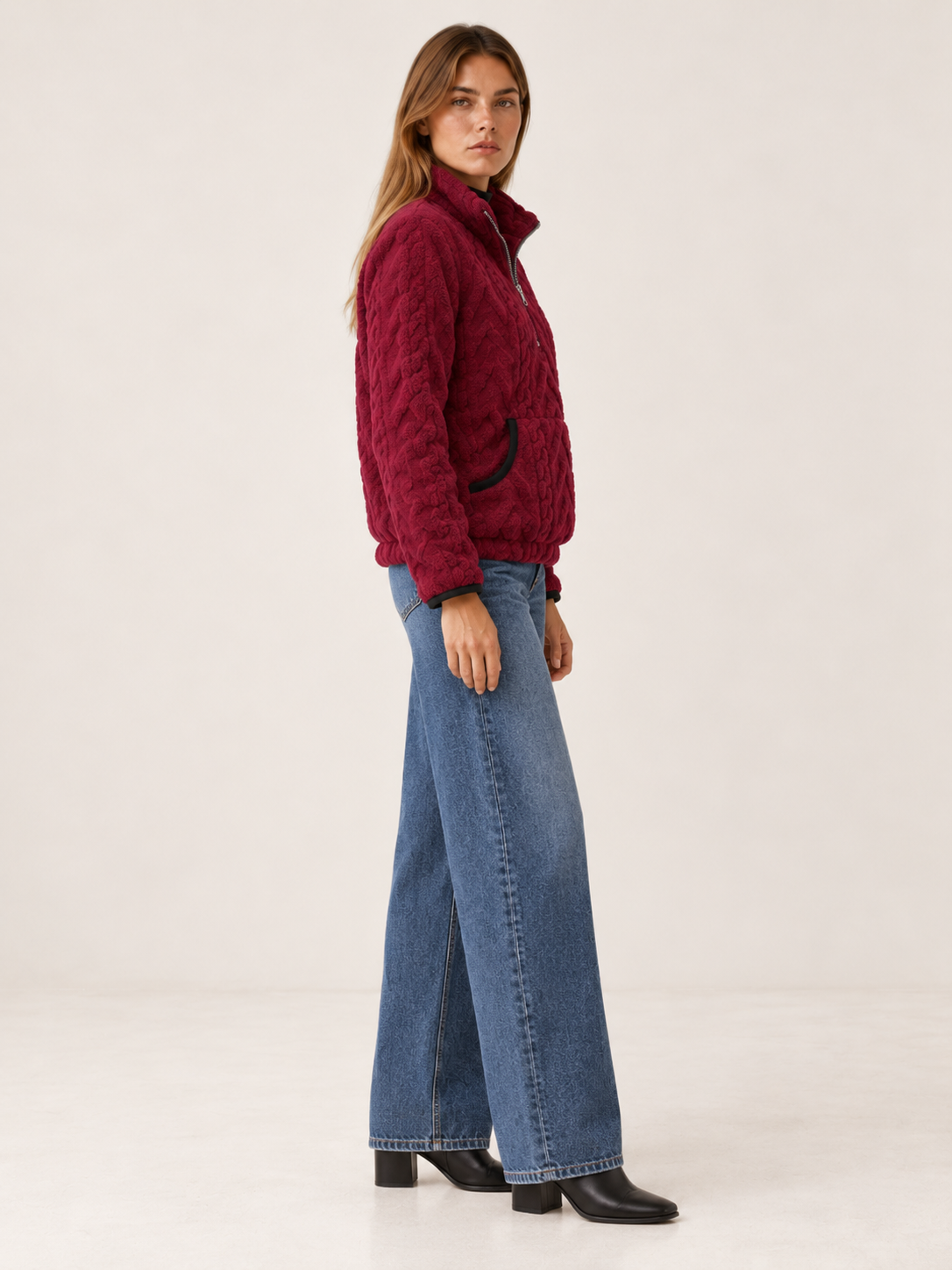 Lucindai | Women's Cable Fleece Half Zip Sweater Fall