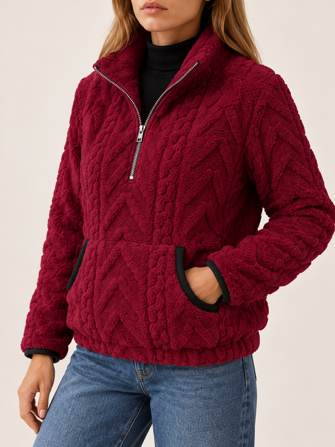 Lucindai | Women's Cable Fleece Half Zip Sweater Fall