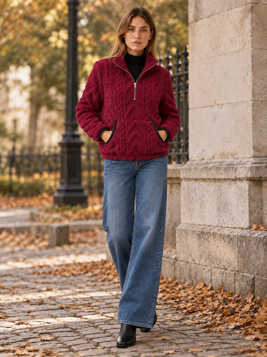 Lucindai | Women's Cable Fleece Half Zip Sweater Fall