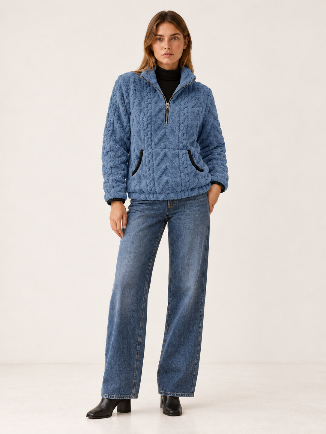 Lucindai | Women's Cable Fleece Half Zip Sweater Fall
