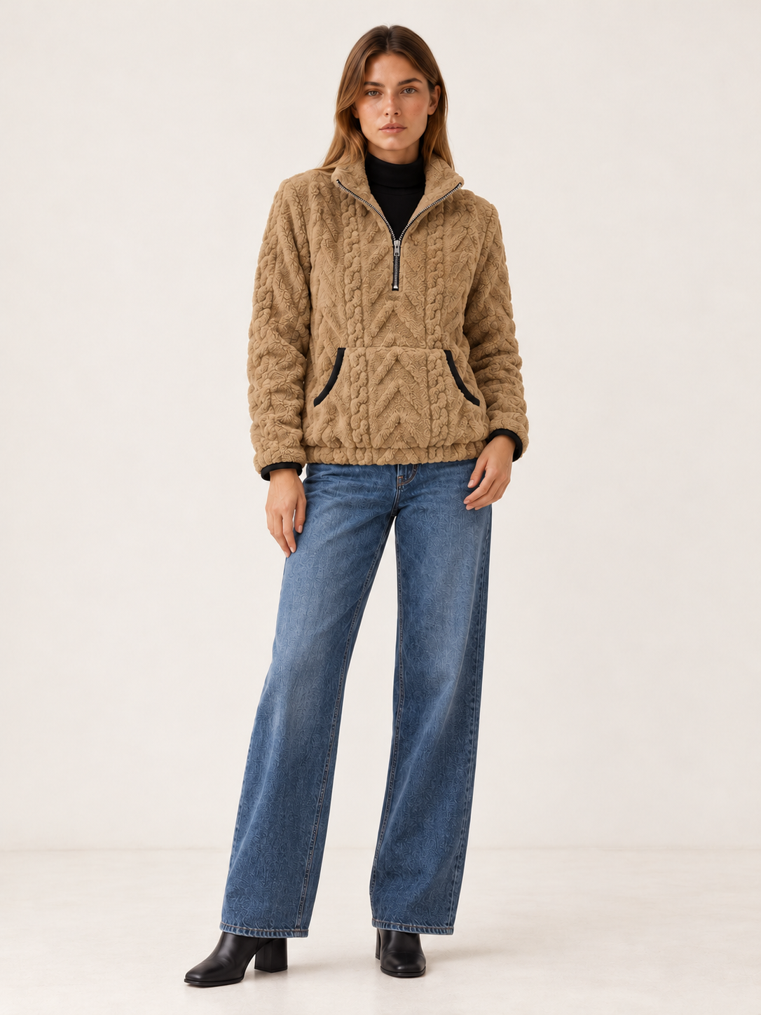 Lucindai | Women's Cable Fleece Half Zip Sweater Fall