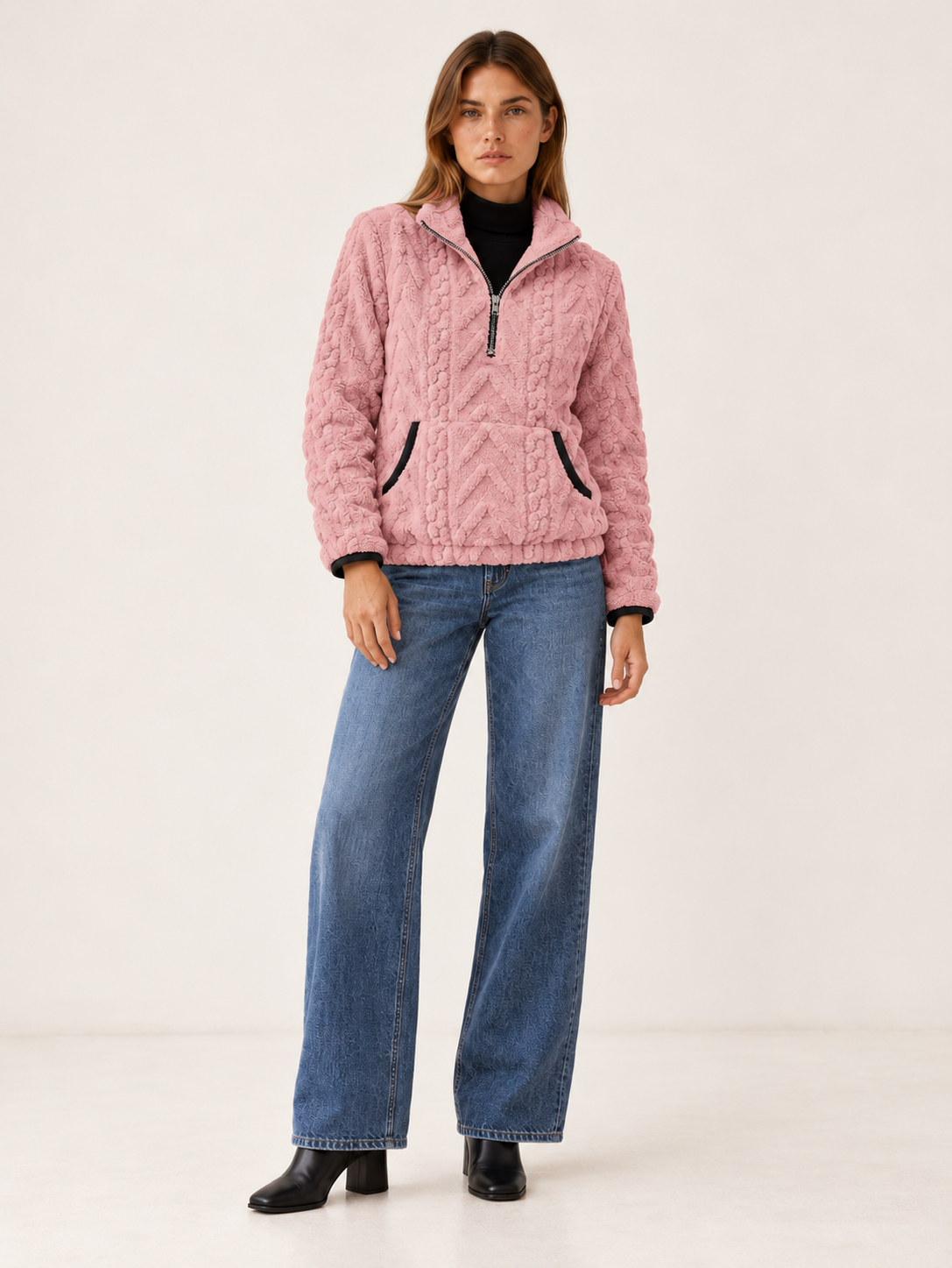 Lucindai | Women's Cable Fleece Half Zip Sweater Fall