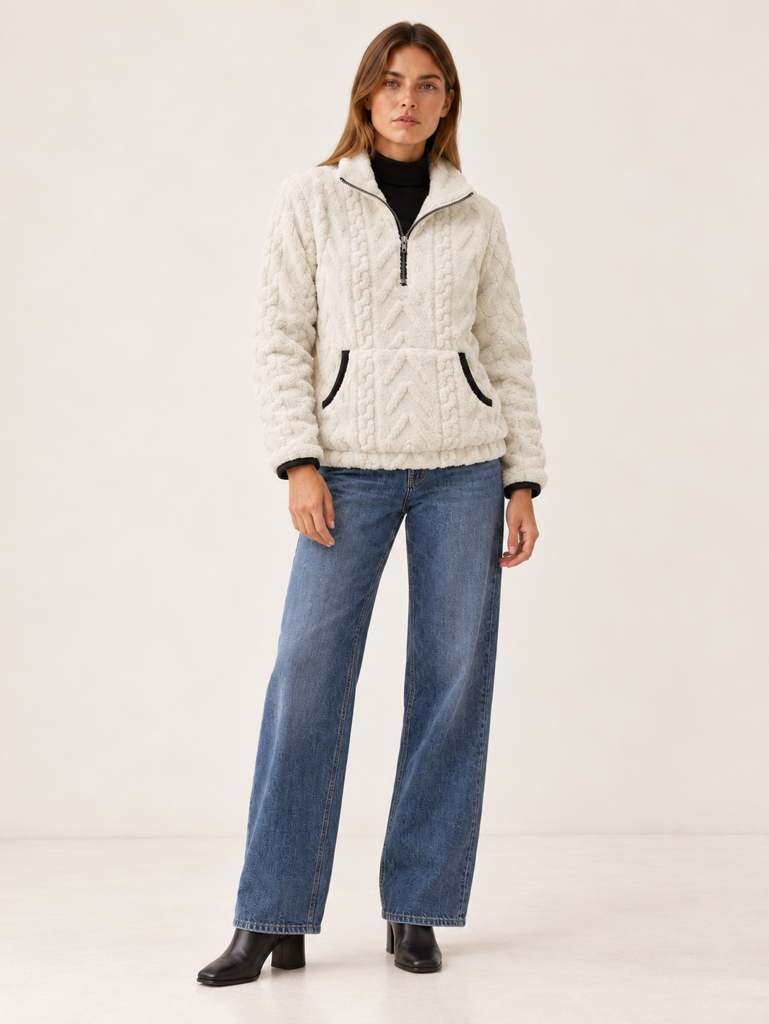 Lucindai | Women's Cable Fleece Half Zip Sweater Fall