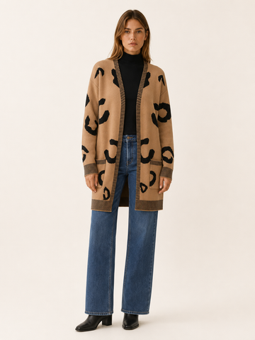 Lunara | Long Cardigan with Leopard Print and Front Pockets