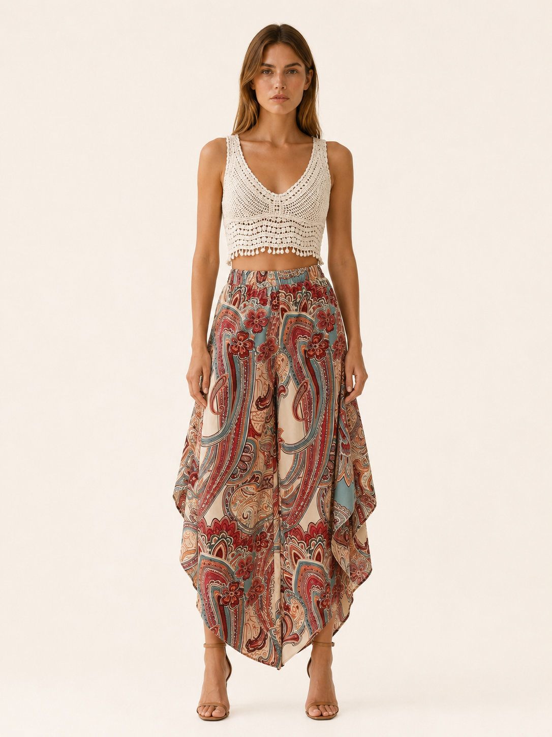 Luvira | Palazzo Trousers with Paisley Print Asymmetric Hem