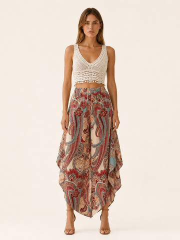 Luvira | Palazzo Trousers with Paisley Print Asymmetric Hem