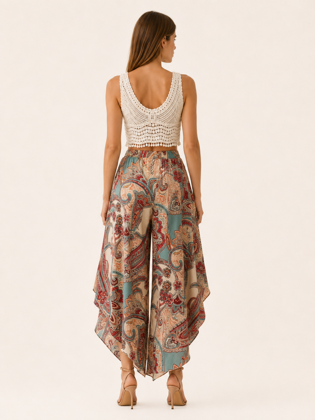 Luvira | Palazzo Trousers with Paisley Print Asymmetric Hem
