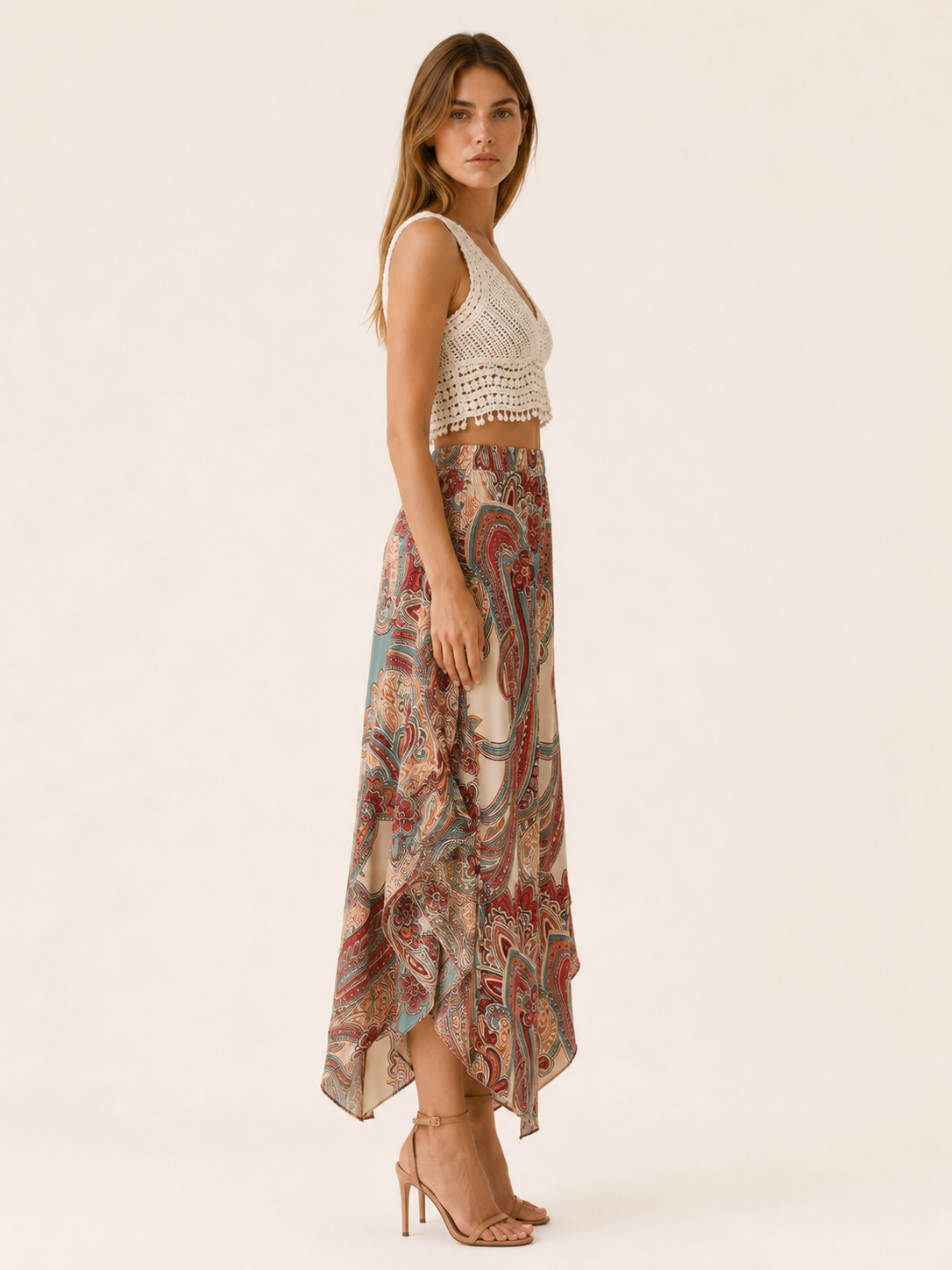 Luvira | Palazzo Trousers with Paisley Print Asymmetric Hem