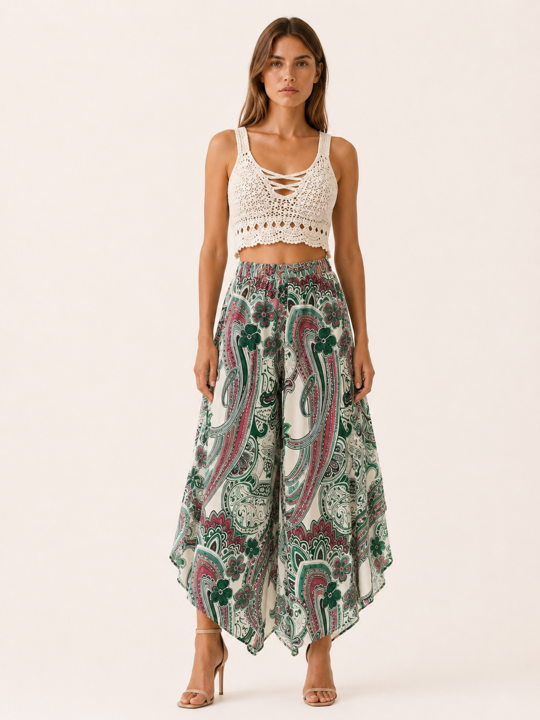 Luvira | Palazzo Trousers with Paisley Print Asymmetric Hem