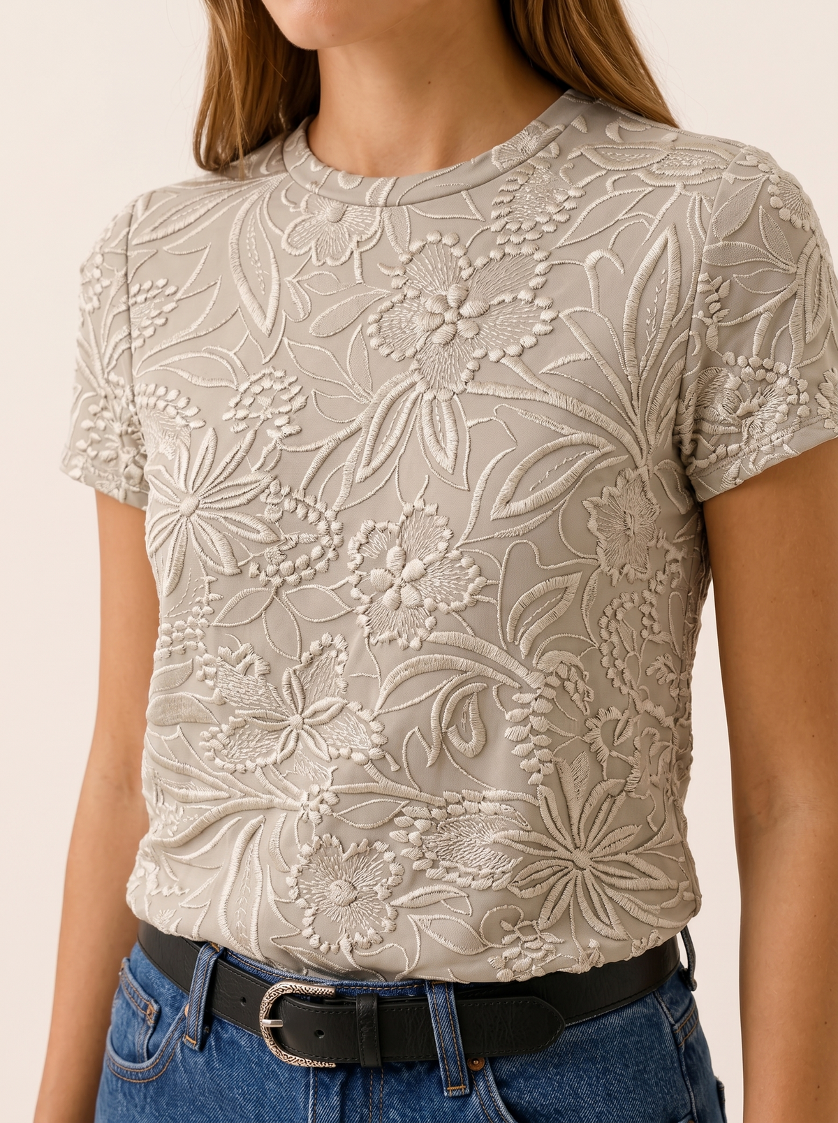 Madora | Floral Textured Blouse with Round Neck