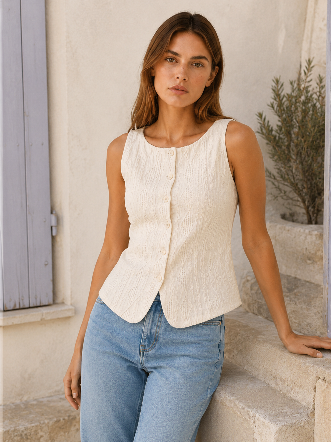 Mae | Button Tank Top with Boat Neck