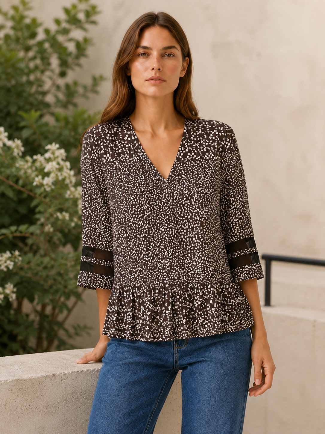 Mallory | V Neck Top with 3/4 Sleeves