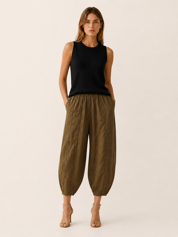 Maple | Cropped Trousers with High Waist Cotton-Linen Blend
