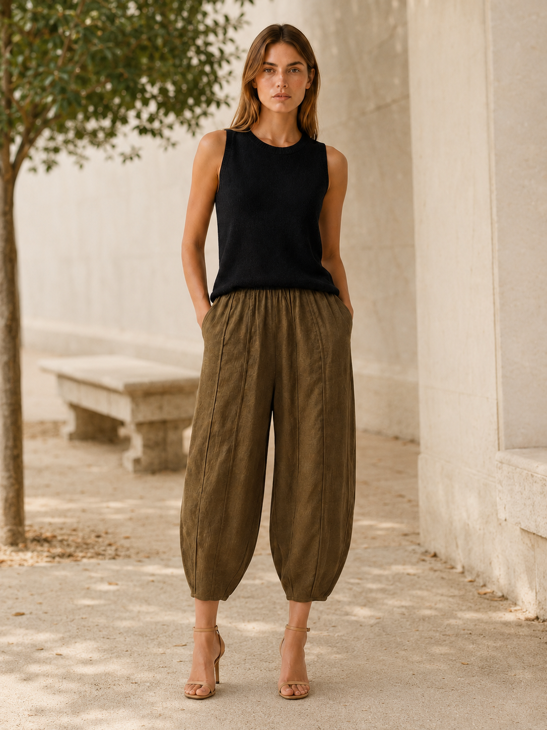 Maple | Cropped Trousers with High Waist Cotton-Linen Blend
