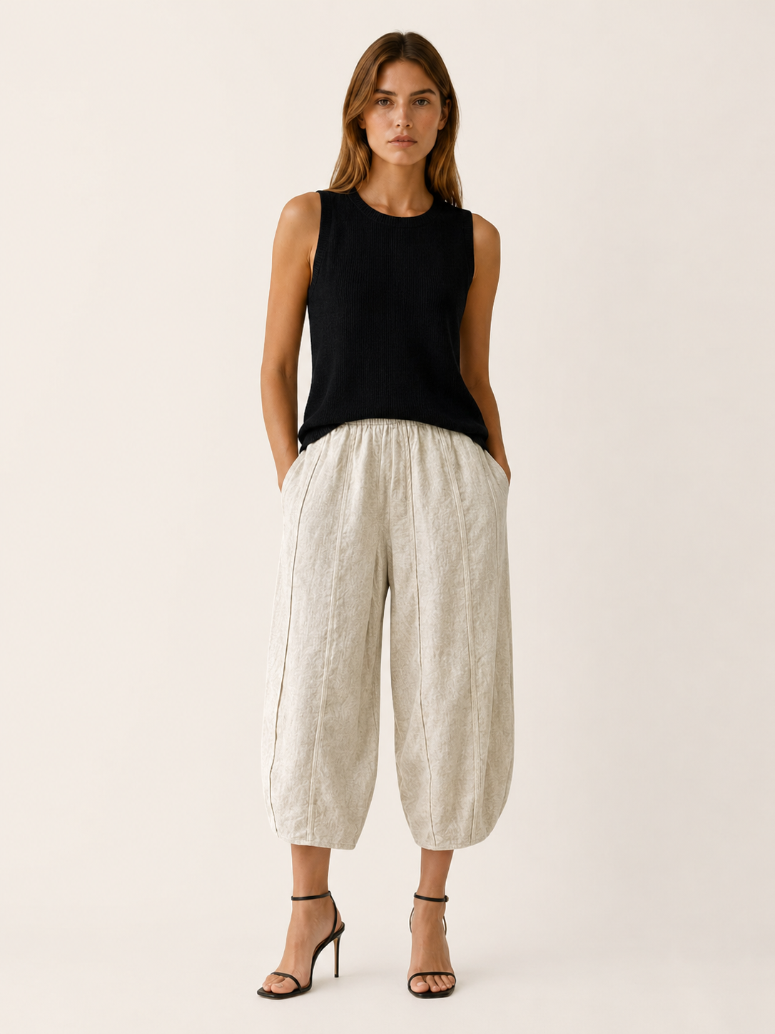 Maple | Cropped Trousers with High Waist Cotton-Linen Blend