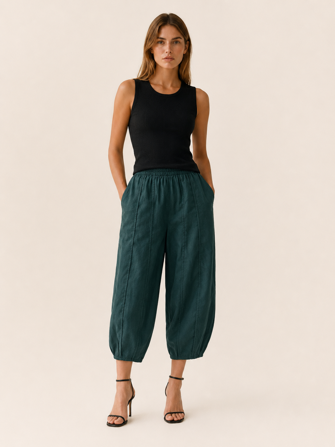 Maple | Cropped Trousers with High Waist Cotton-Linen Blend