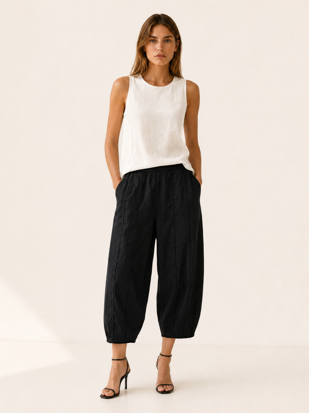 Maple | Cropped Trousers with High Waist Cotton-Linen Blend