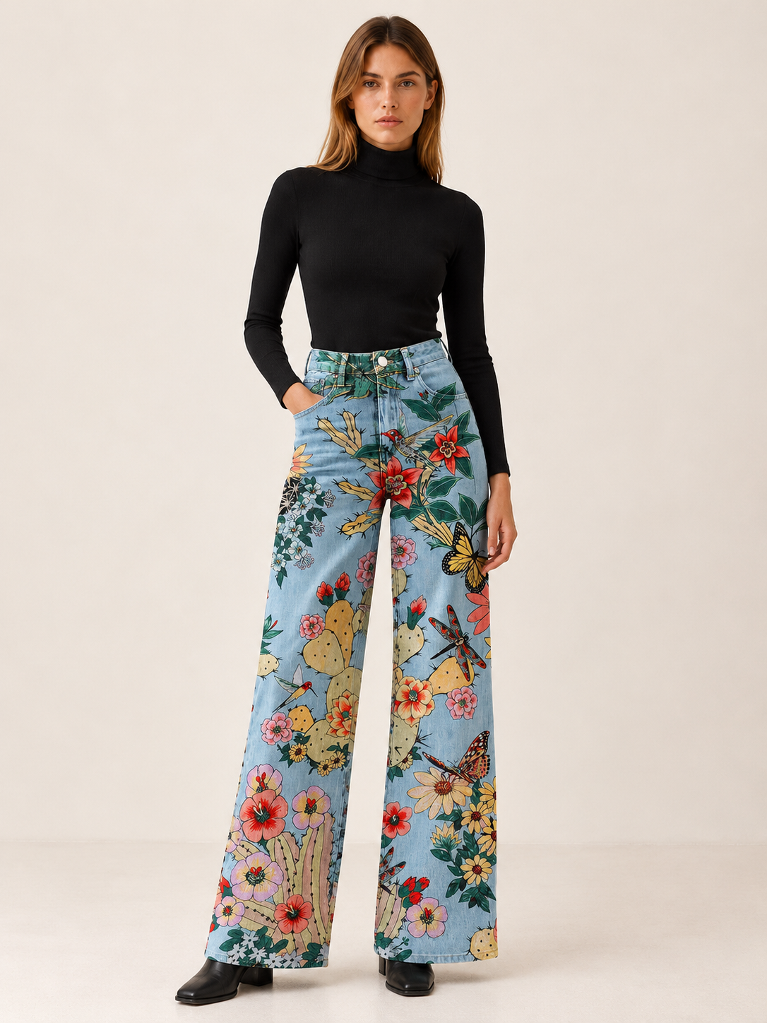 Marcellina | Women's Floral Wide Leg Jeans Fall