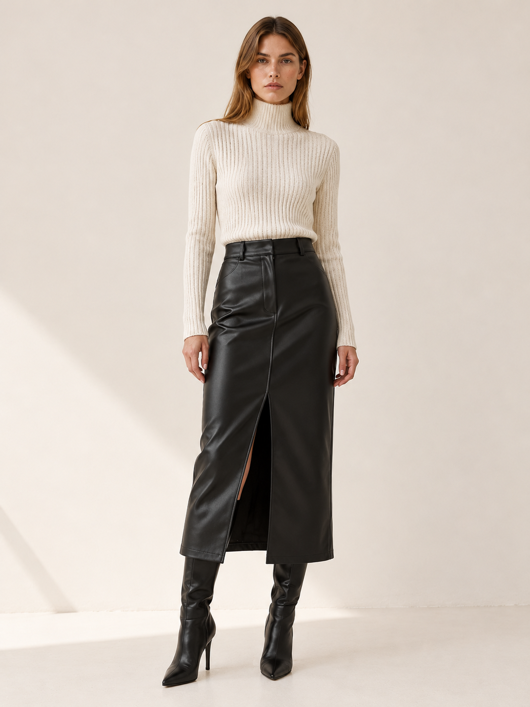 Mariah | Women's High Waist Faux Leather Midi Skirt Fall Work