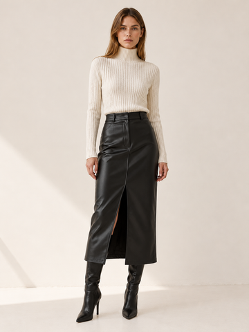 Mariah | Women's High Waist Faux Leather Midi Skirt Fall Work